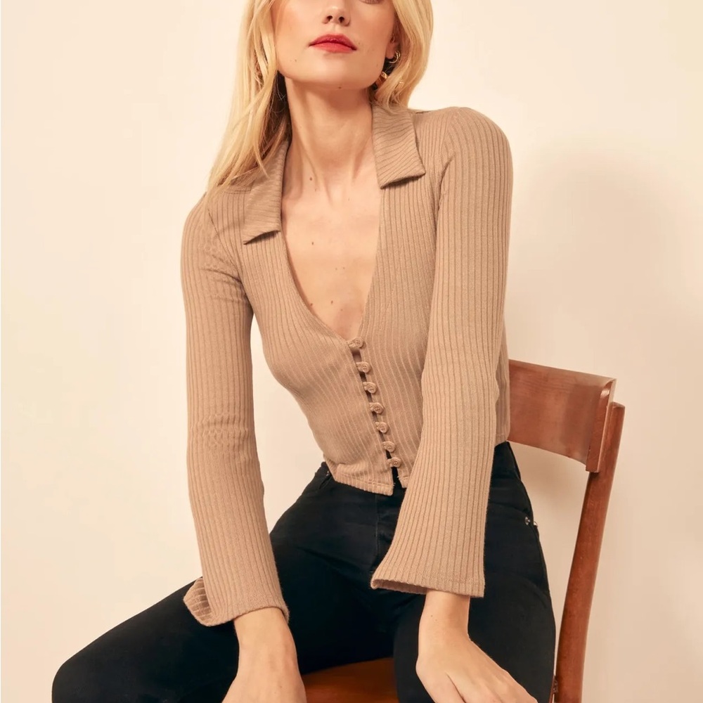 Reformation Tan Ribbed Button-Up Cardigan